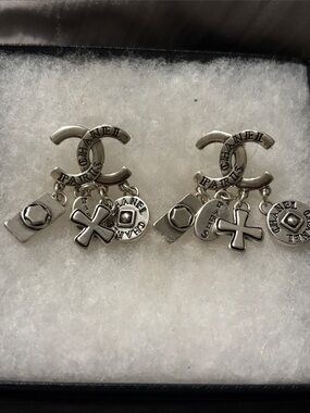 CHANEL Silver-Tone Double C Charm Drop Earrings